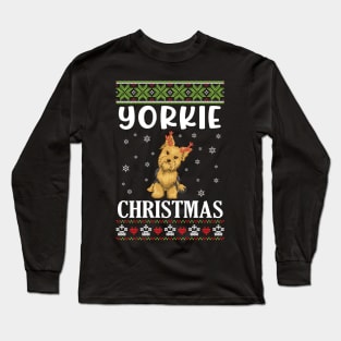 Yorkie Dog Dancing With Snow Merry Christmas Day Daddy Mommy Long Sleeve T-Shirt
